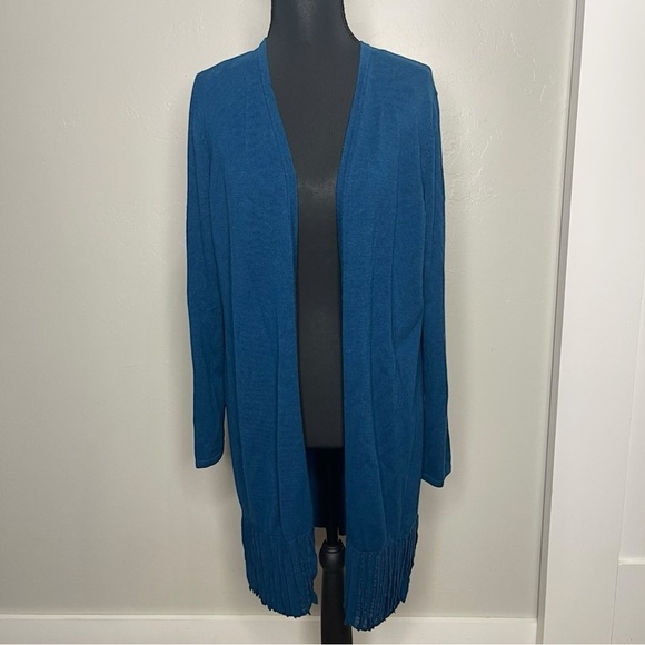 Chico's Sweaters - Chico's Long Lined Blue Pleated Open Front Cotton Blend Casual Cardigan Size 1